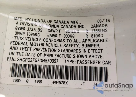 2016 Honda Civic Lx z USA, uszkodzony, nr VIN 2HGFC2F57GH570097